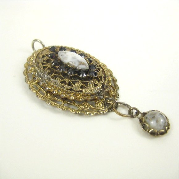 Goldtone Filigree Pendant ONLY 2.2 In Dangle imitation Stone Red Rhinestones - Picture 3 of 7